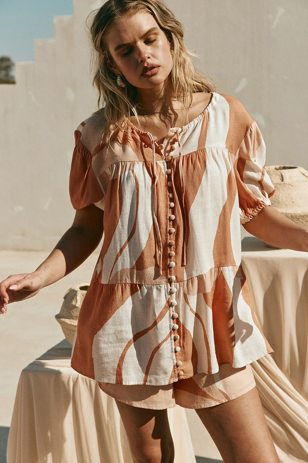 Ales Top Peach Solanto atasan wanita bahan linen viscose dari Joy368