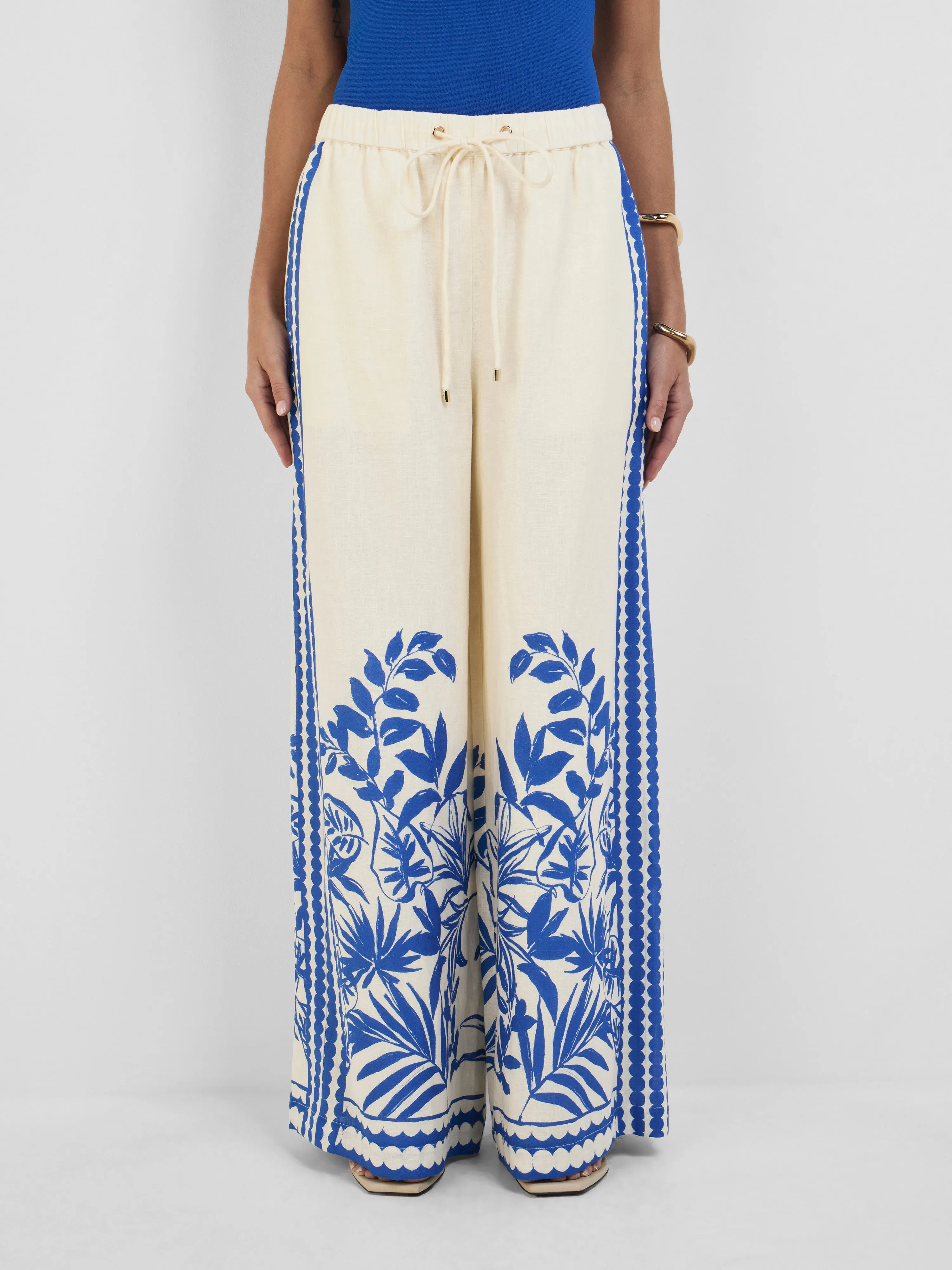 Becca Palm Pant motif blue palm bahan linen premium koleksi Joy368