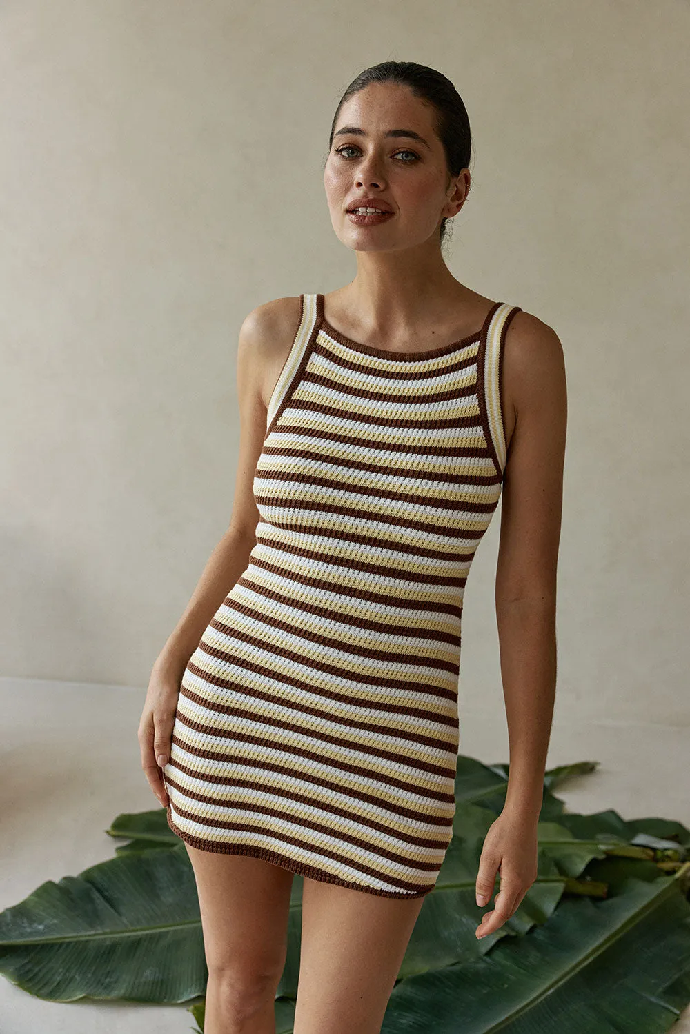 Dallas Dress Brown Stripe bahan katun rajut dengan tali tipis dari Joy368