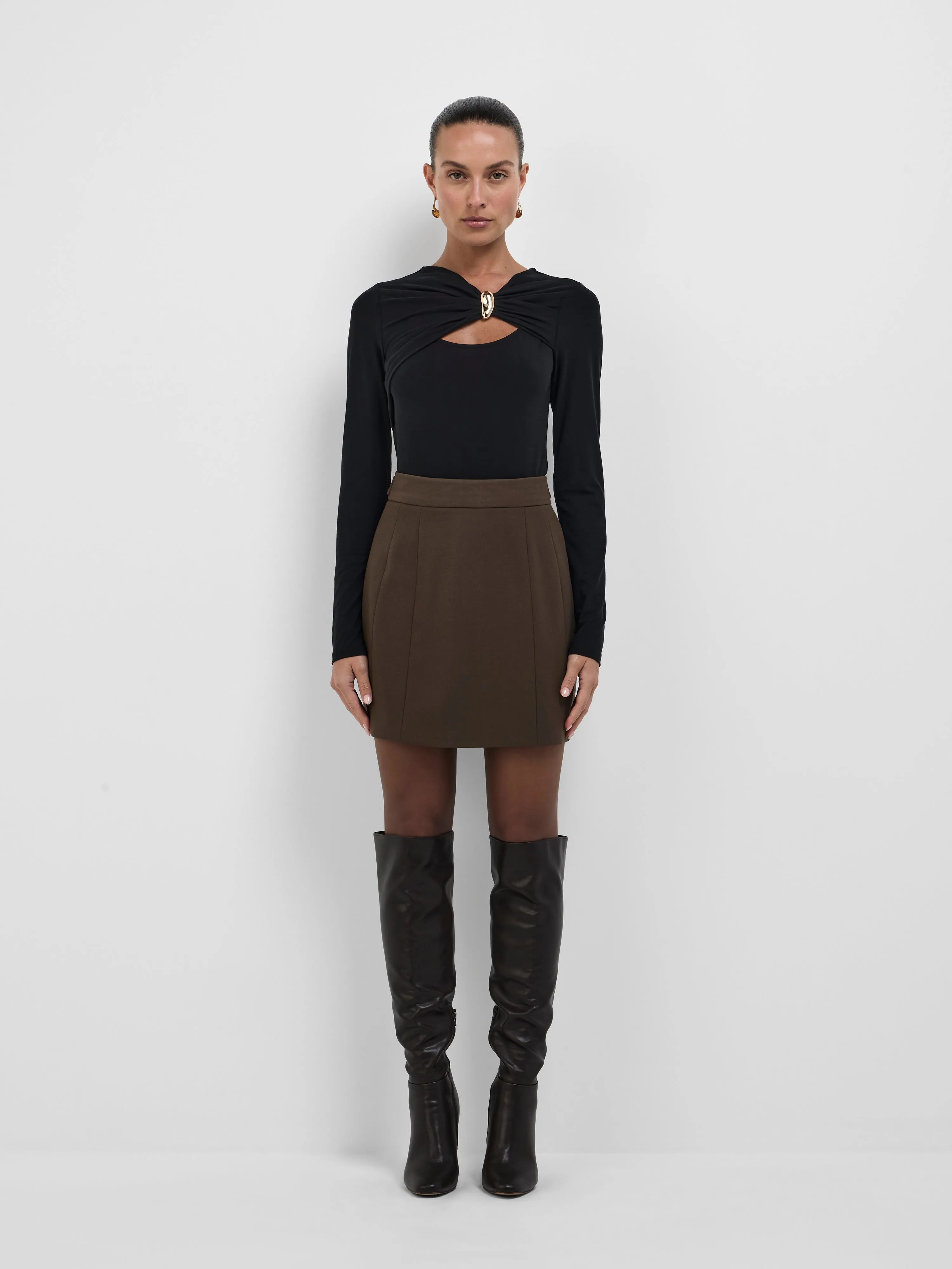 Emery Mini Skirt rok mini satin cokelat eksklusif dari Joy368