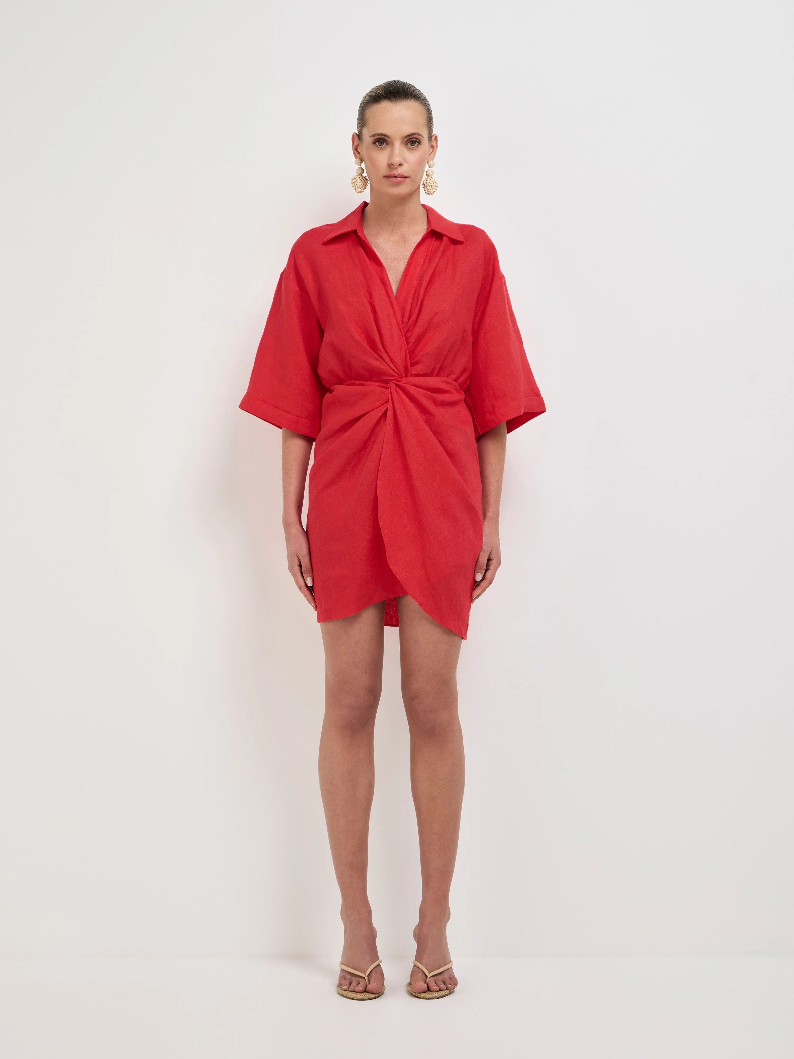 Evie Linen Dress Red mini dress linen warna merah elegan dari koleksi Joy368