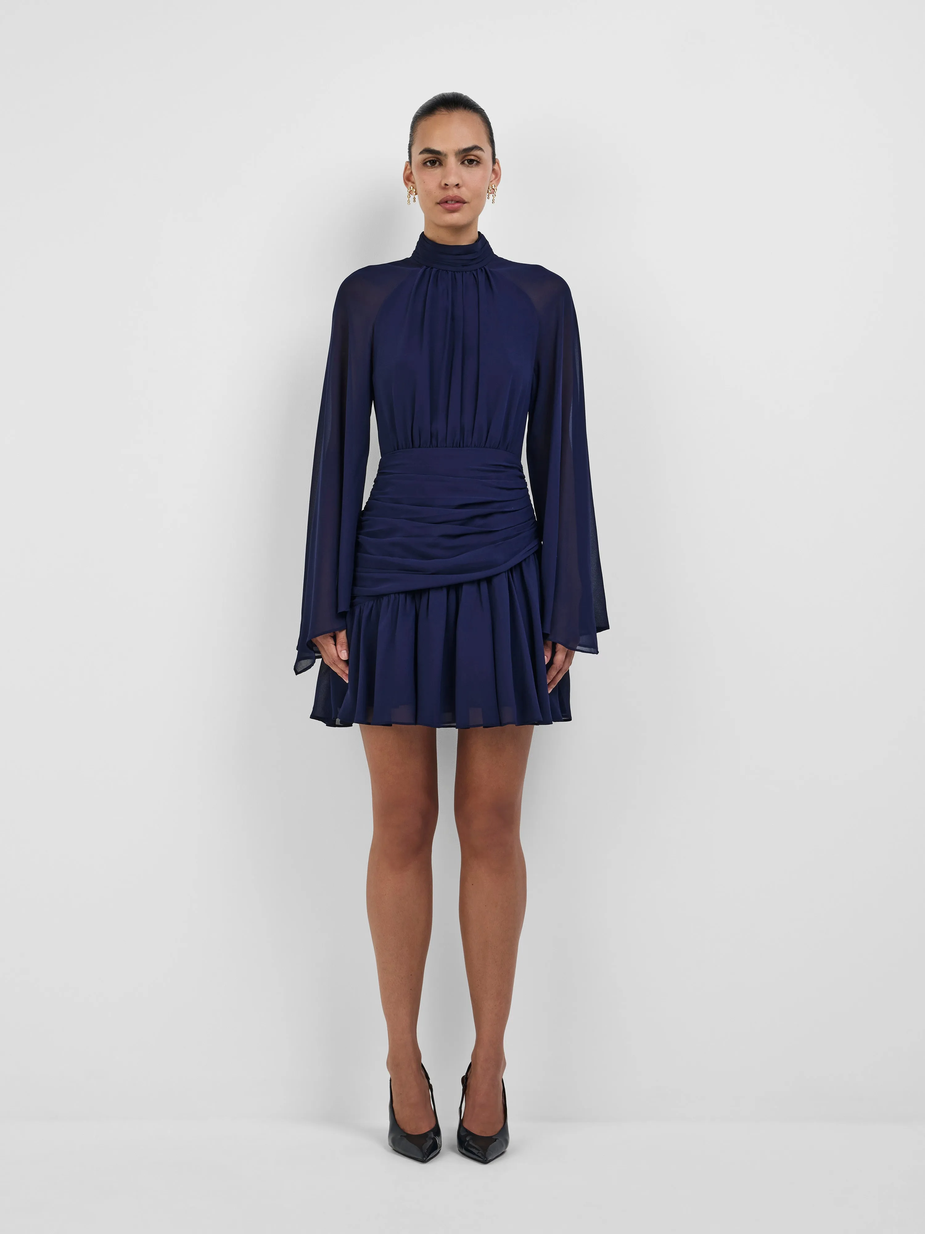 Florence Mini Dress warna ink dengan model lengan panjang dan kerah tinggi dari Joy368