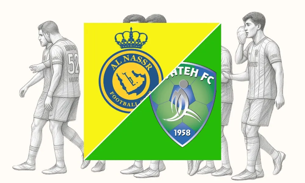 Ilustrasi pertandingan Al Nassr vs Al Fateh di Saudi Pro League dengan latar stadion Al-Awwal Park
