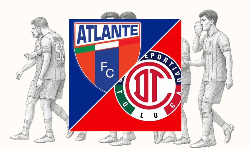 Ilustrasi pertandingan Atlante vs Toluca di Liga MX dengan suasana Estadio Banorte