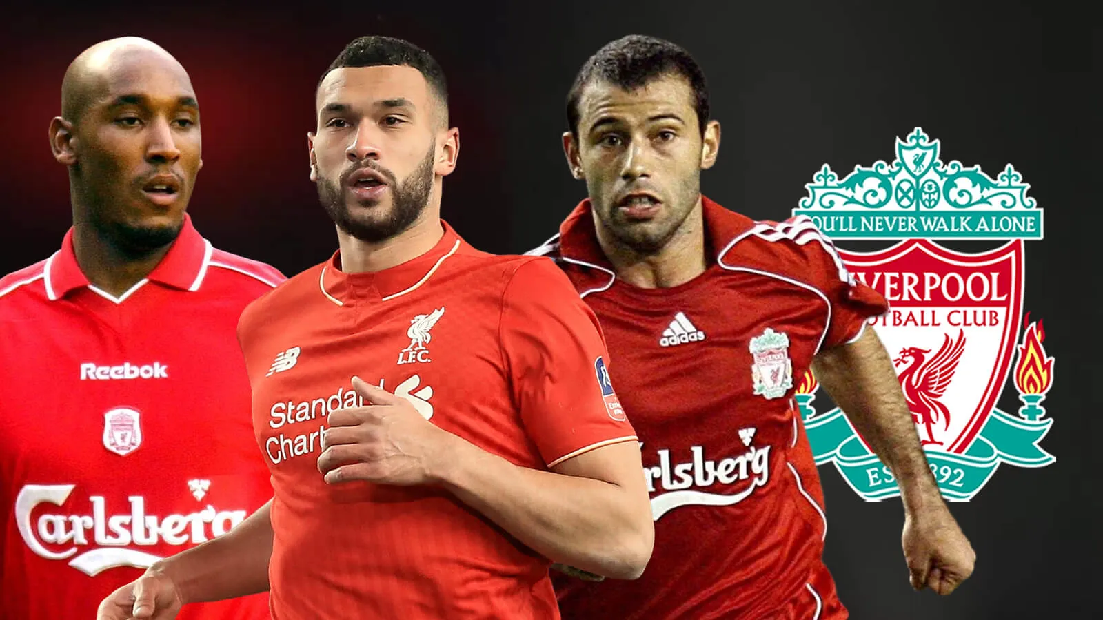 Ronald Araujo berseragam Barcelona dan logo Liverpool di latar belakang