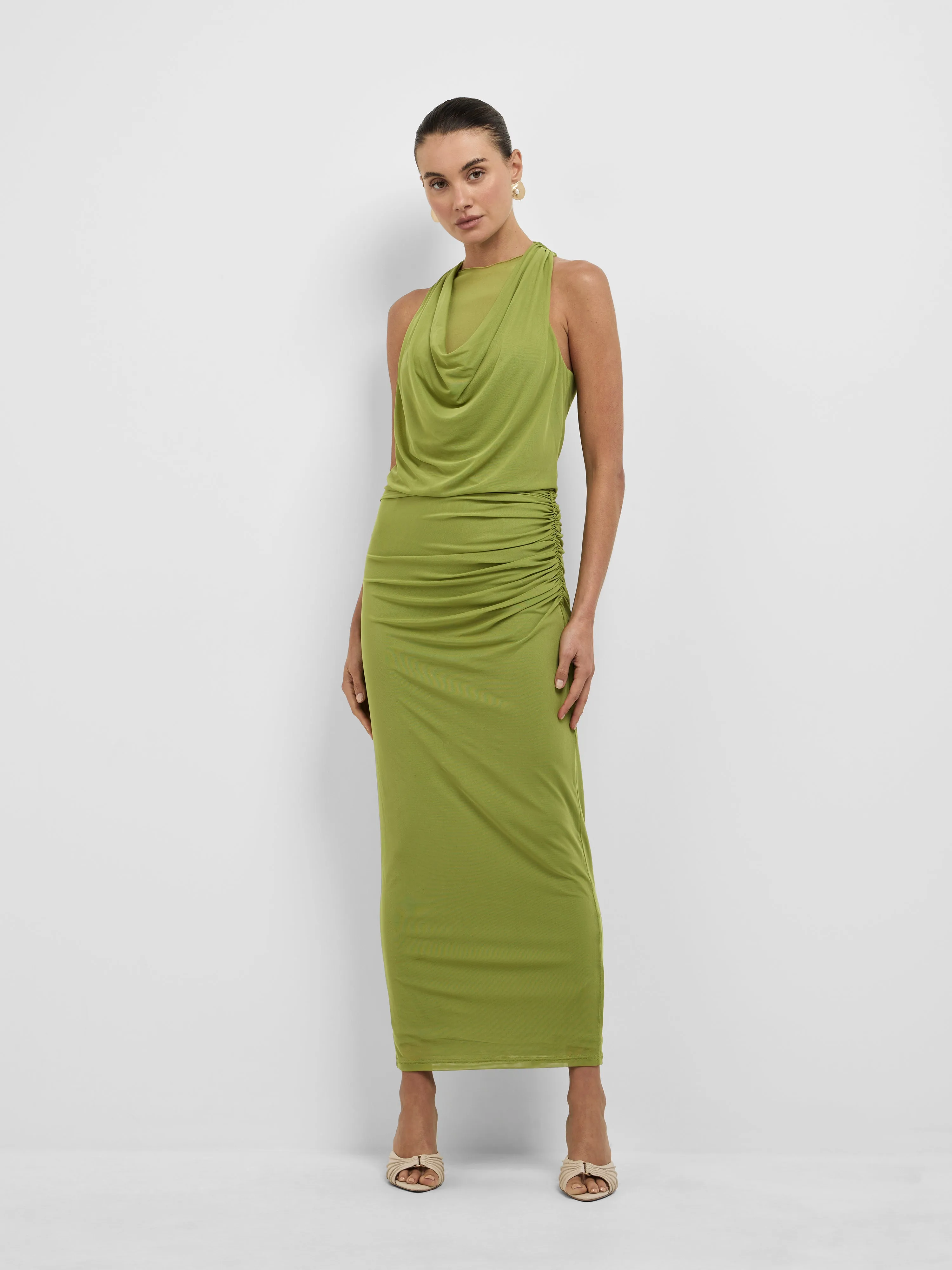 Rana Dress Green bahan stretch mesh warna hijau dengan kerah cowl eksklusif koleksi Joy368
